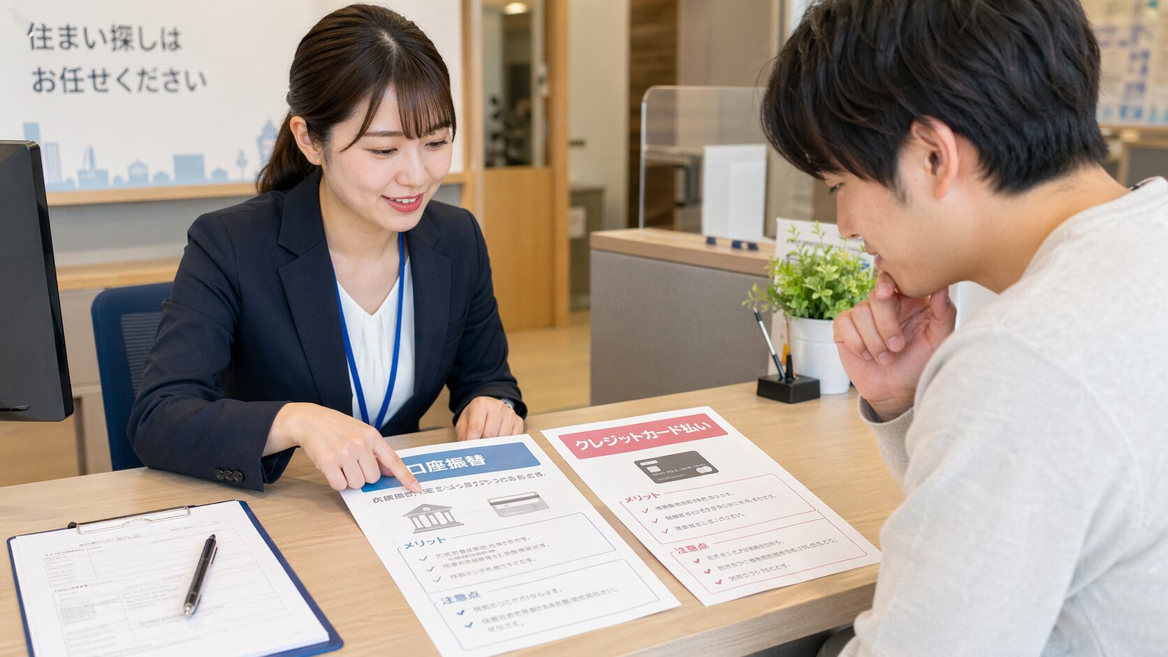 不動産会社の窓口で、入居者が家賃の支払い方法について説明を受けながら、口座振替とクレジットカード払いの資料を見比べている無料写真を配置