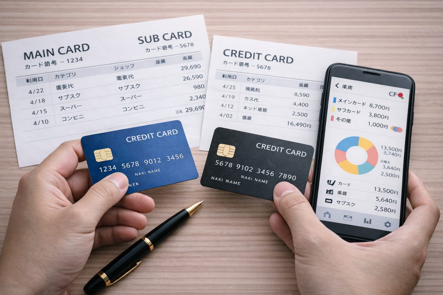 メインカードとサブカードを使い分けながら利用明細や家計管理アプリを確認している無料写真素材向けイメージ画像をここに配置
