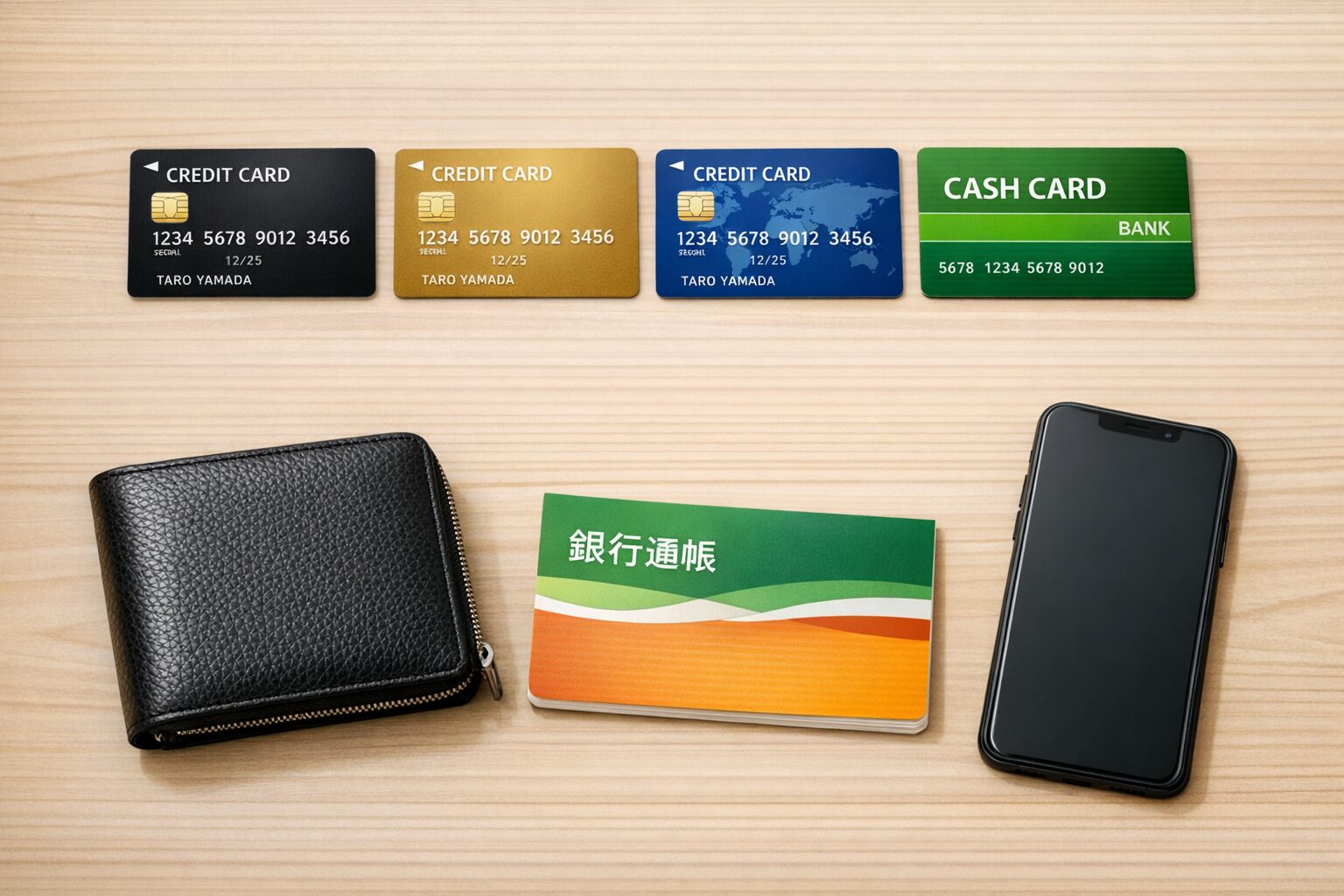 机の上に並んだクレジットカード風のカードとキャッシュカード風のカード、財布、通帳、スマートフォンが写っている比較イメージ写真をここに配置