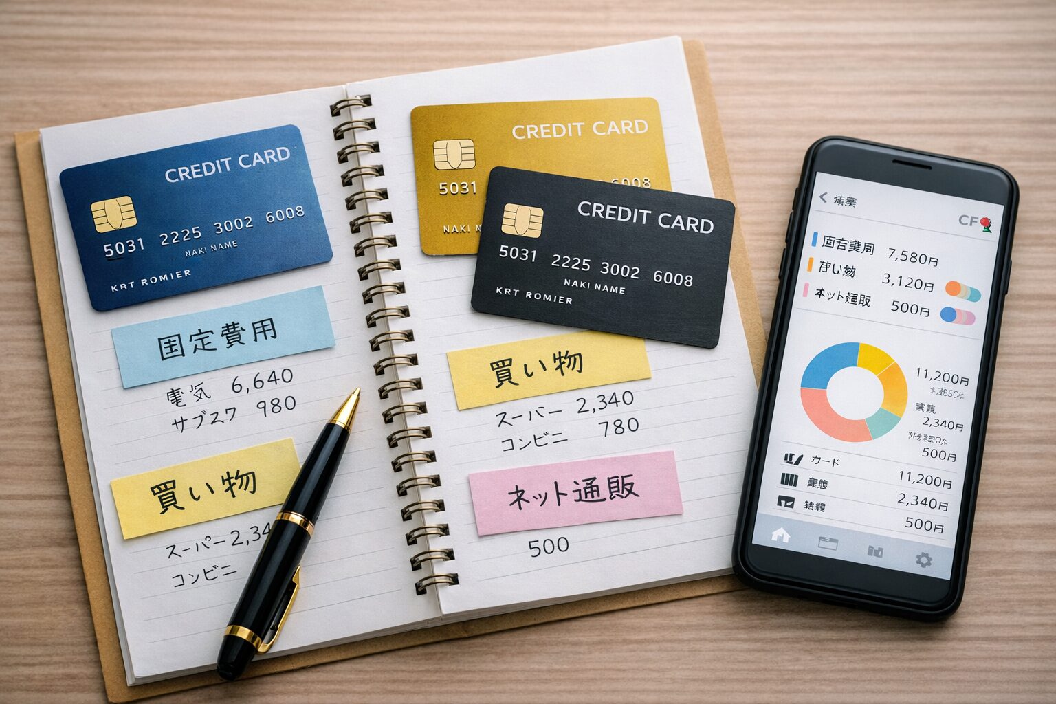 2枚から3枚のクレジットカードを用途別に分けて家計簿やスマートフォンで管理している無料写真素材向けイメージ画像をここに配置