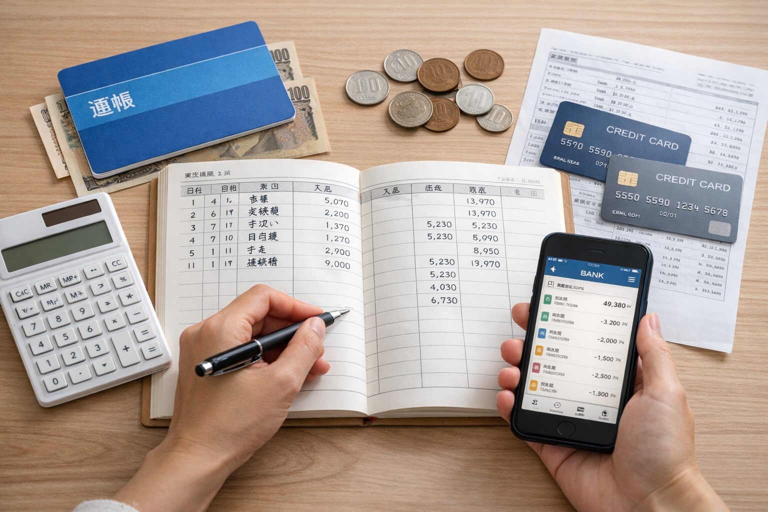 家計簿やクレジットカード、通帳、スマートフォンを机に置いて、支払い状況を確認しているイメージ画像を配置。無料素材サイトで生活費管理の雰囲気が伝わる写真を使用。