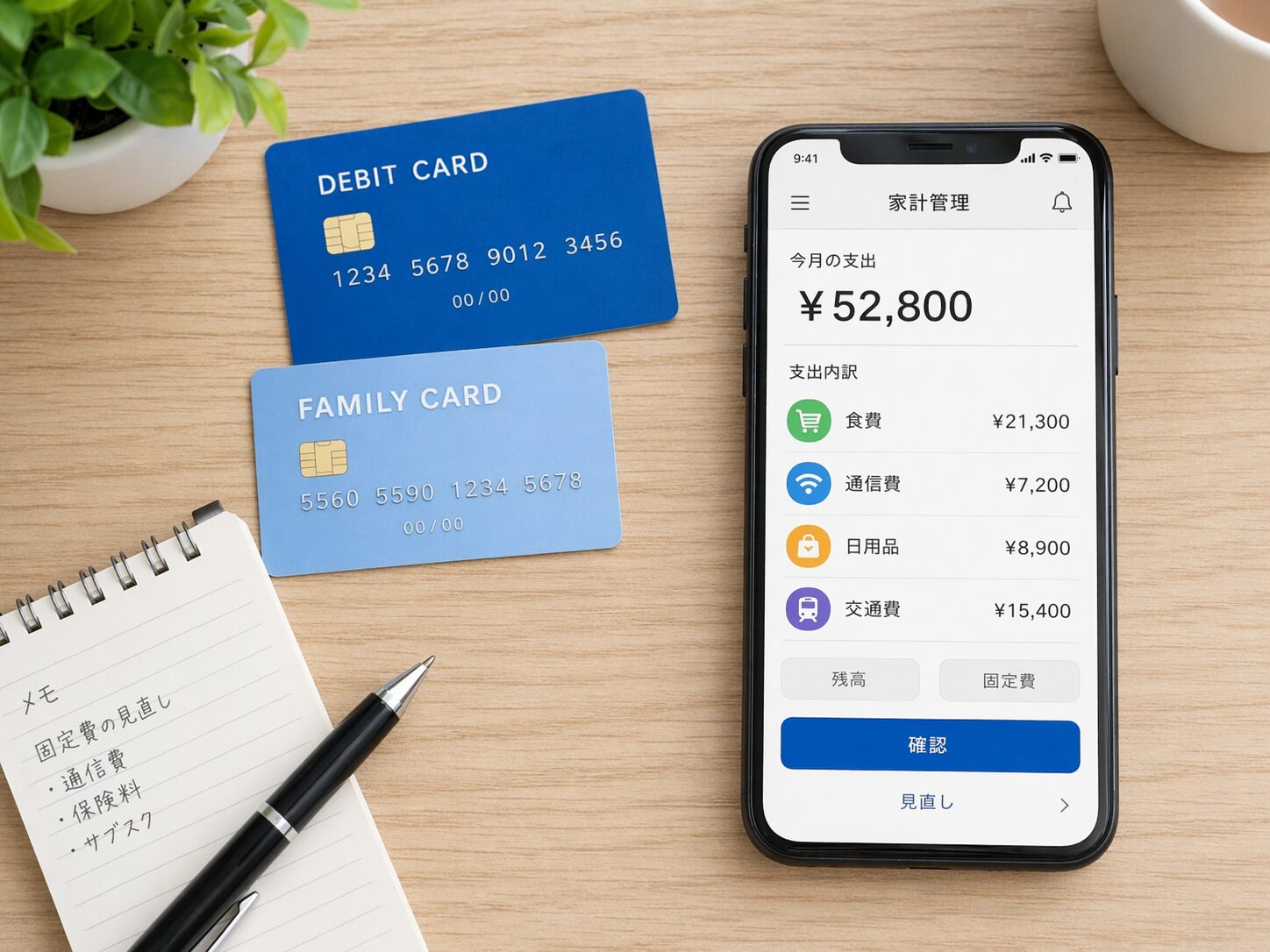 デビットカードや家族カード、スマートフォンの家計管理アプリを並べて、無職時の支払い手段を見直しているイメージ画像を配置。無料素材サイトで生活防衛の雰囲気が伝わる写真を使用。