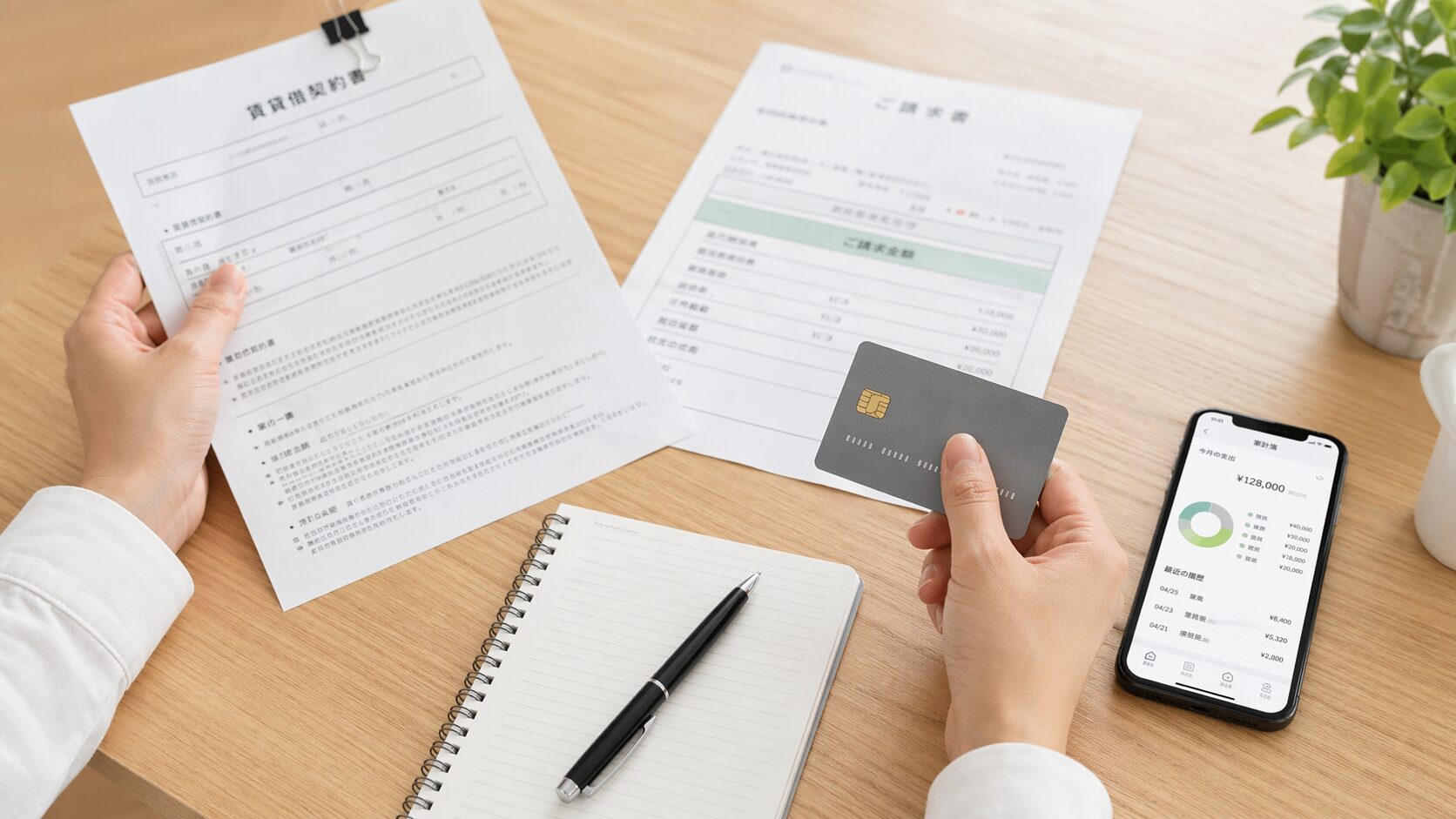 賃貸住宅の契約書類とクレジットカード、家賃の請求イメージ、スマートフォンを机の上に置き、家賃のカード払いを検討している様子の無料写真を配置