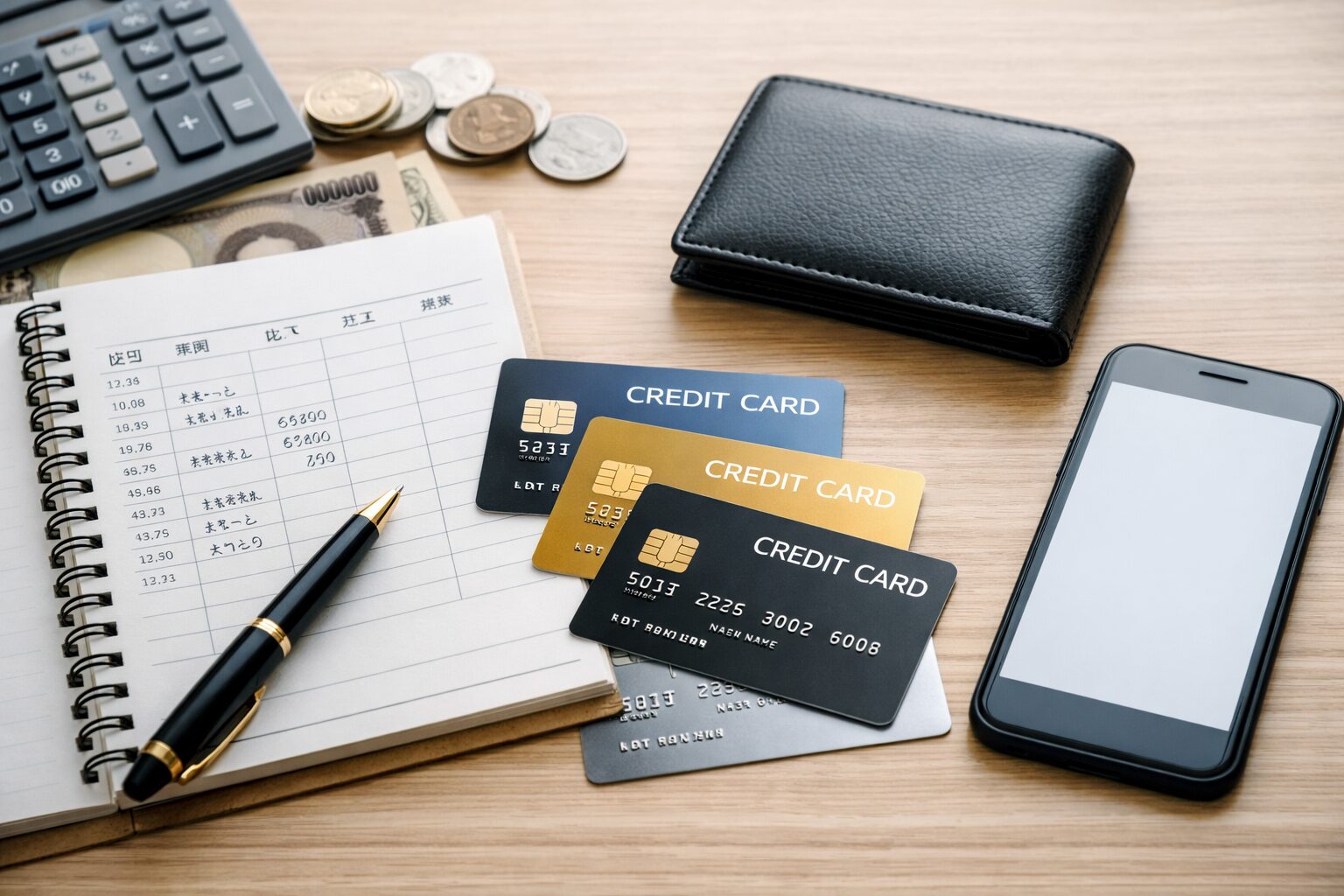 複数枚のクレジットカードと家計管理ノート、スマートフォン、財布が机の上に並んでいる無料写真素材向けのイメージ画像をここに配置