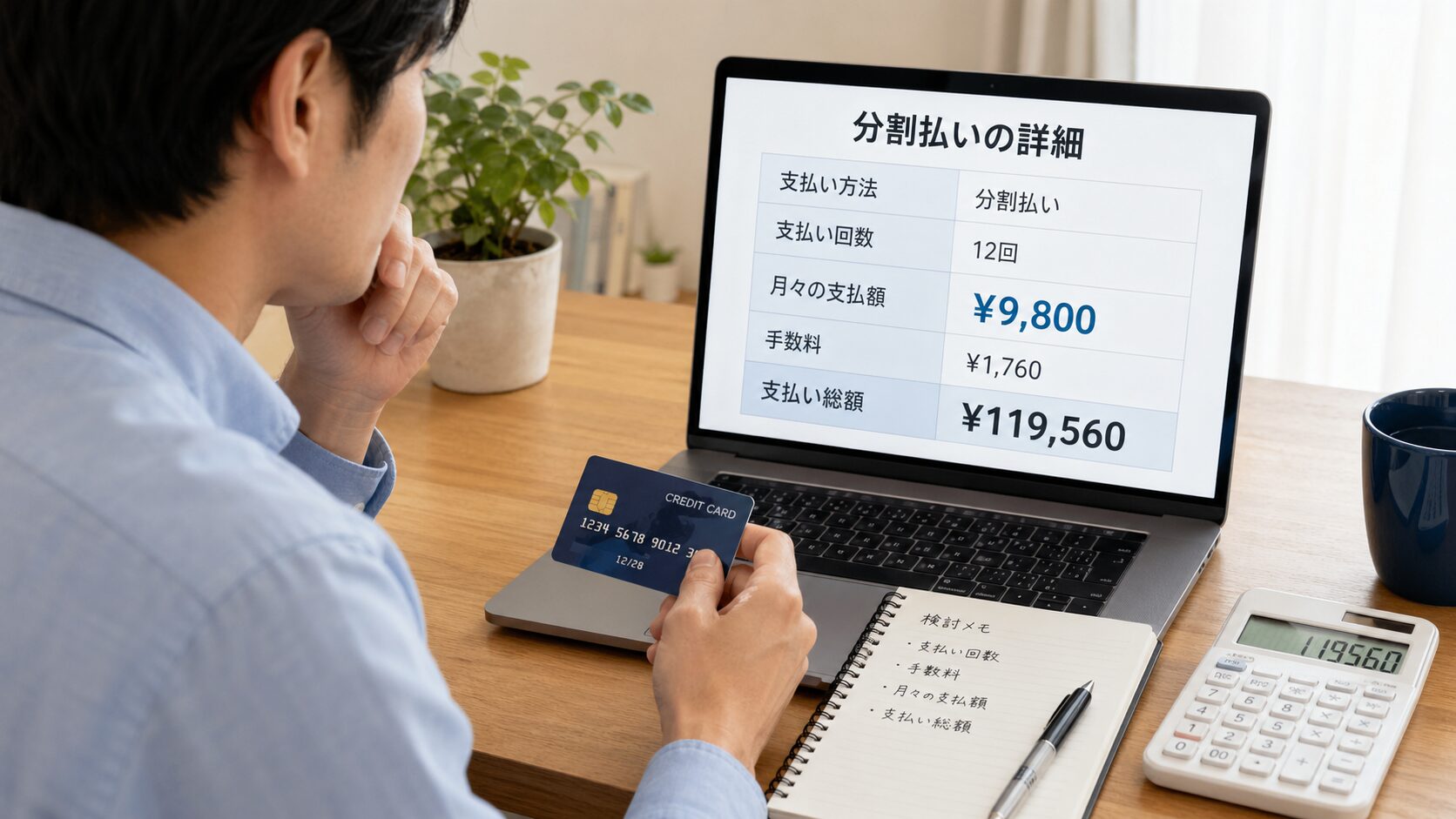 クレジットカードの分割払い手数料と支払い回数を確認しているイメージ画像