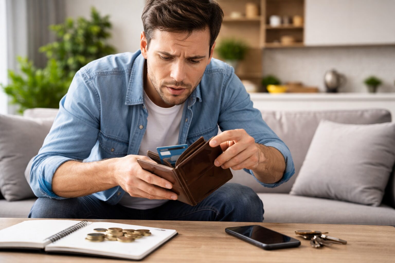 財布やクレジットカードを探している様子の無料写真素材をここに配置