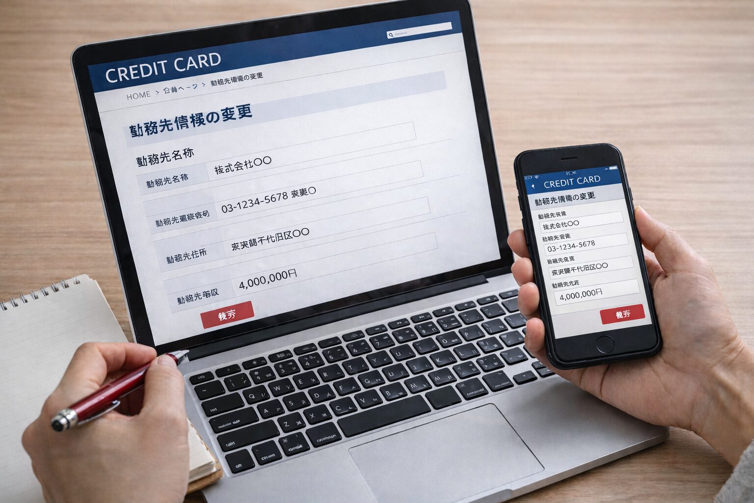 クレジットカード会社の会員ページやアプリで勤務先や収入情報の変更手続きを確認しているイメージ画像を配置。無料素材サイトでノートパソコンやスマートフォン、メモ帳が写る写真を使用。
