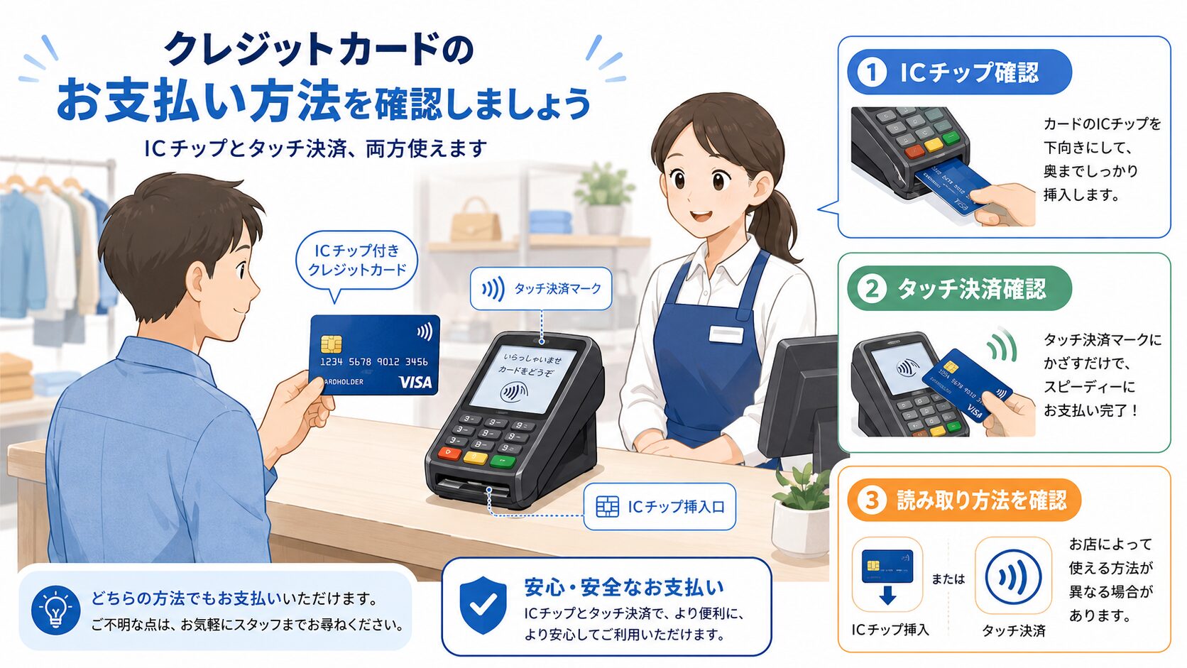 店舗のレジでクレジットカードのICチップやタッチ決済を確認しているイメージ