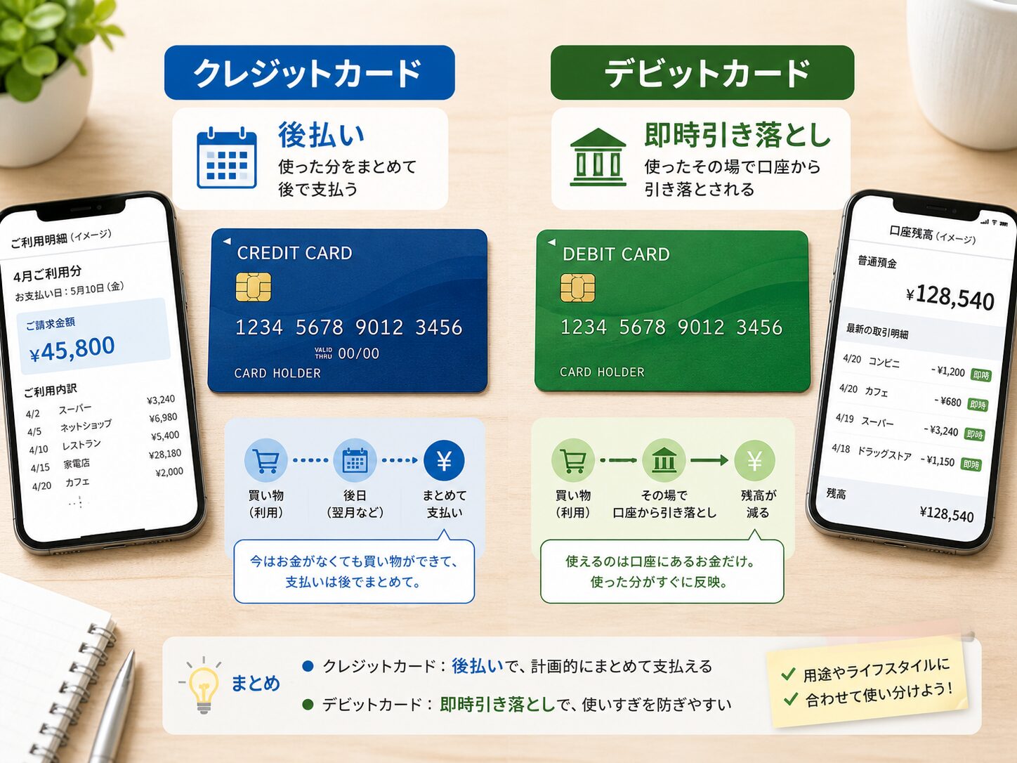 クレジットカードとデビットカードの違いを比較しているイメージ