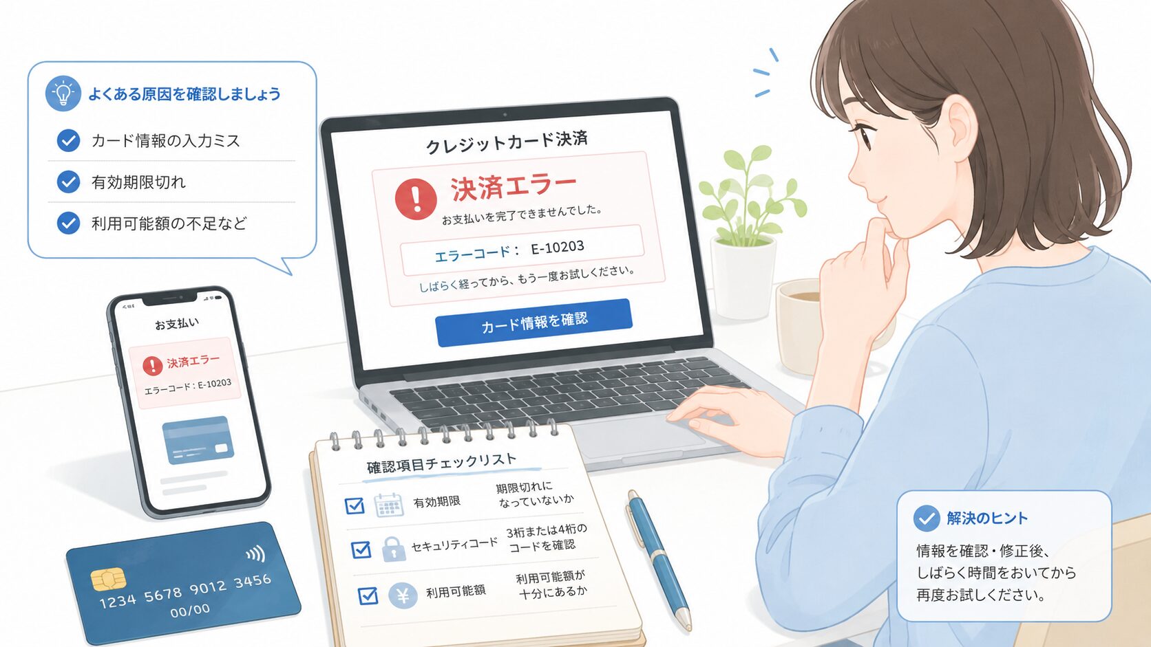 クレジットカード決済でエラーコードが表示されて原因を確認しているイメージ
