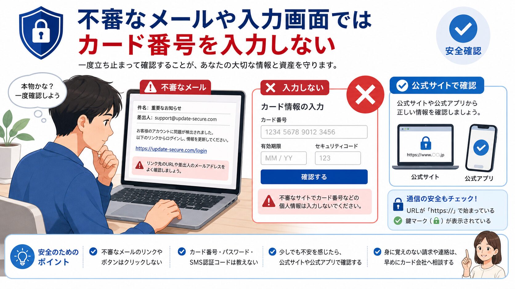 不審なメールや入力画面でカード番号を入力しないよう確認しているイメージ