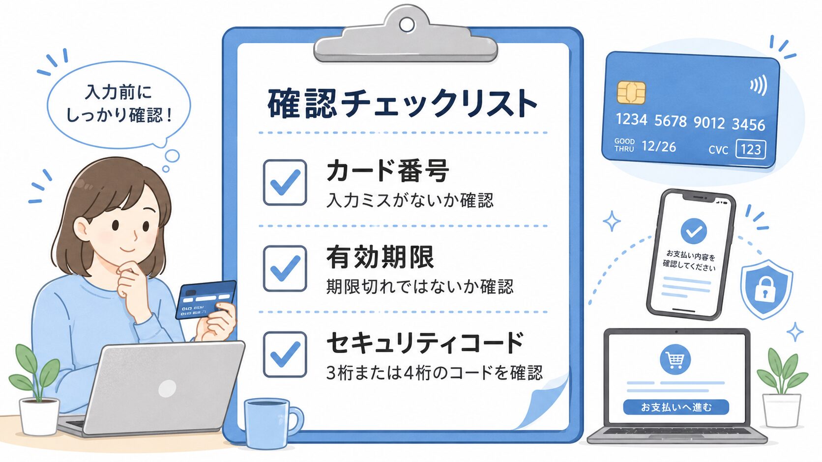 カード番号や有効期限やセキュリティコードを確認しているチェックリストのイメージ
